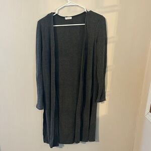Long Open-Front Charcoal Ribbed Cardigan Sweater
